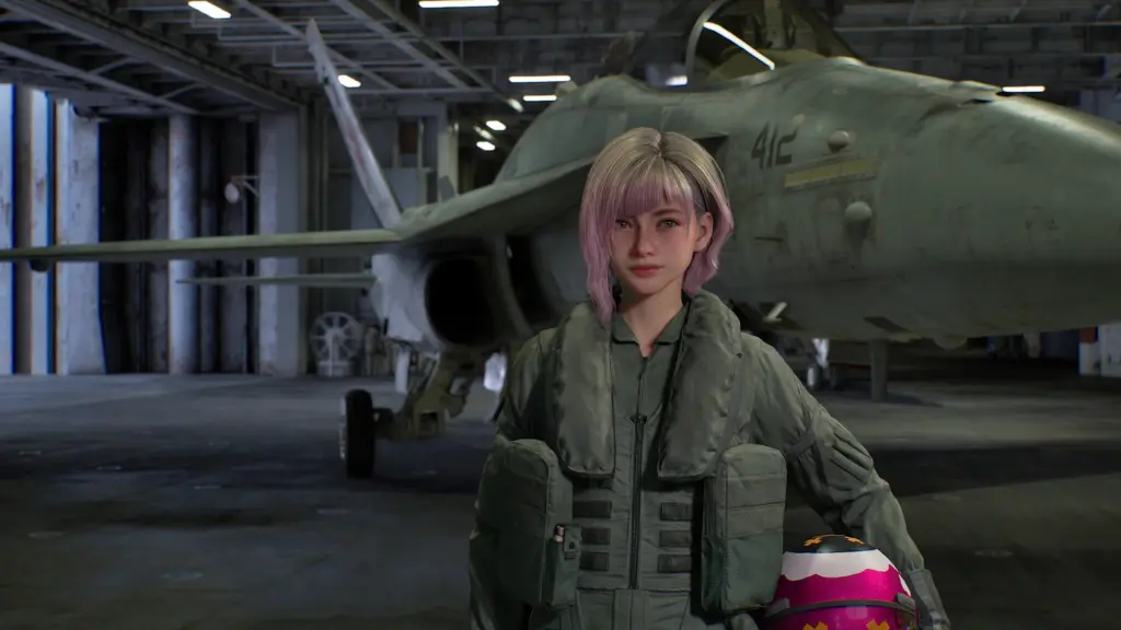 Лётчица перед самолётом в Ace Combat 8
