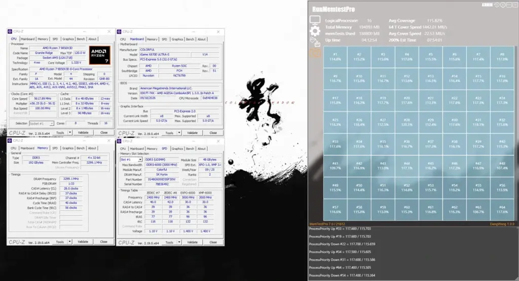 CPU-Z и RunMemtestPro: 192 ГБ DDR5 при CL28 на плате Colorful