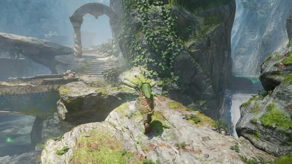 Линк на каменной тропе у водопадов в ремейке The Legend of Zelda: Ocarina of Time