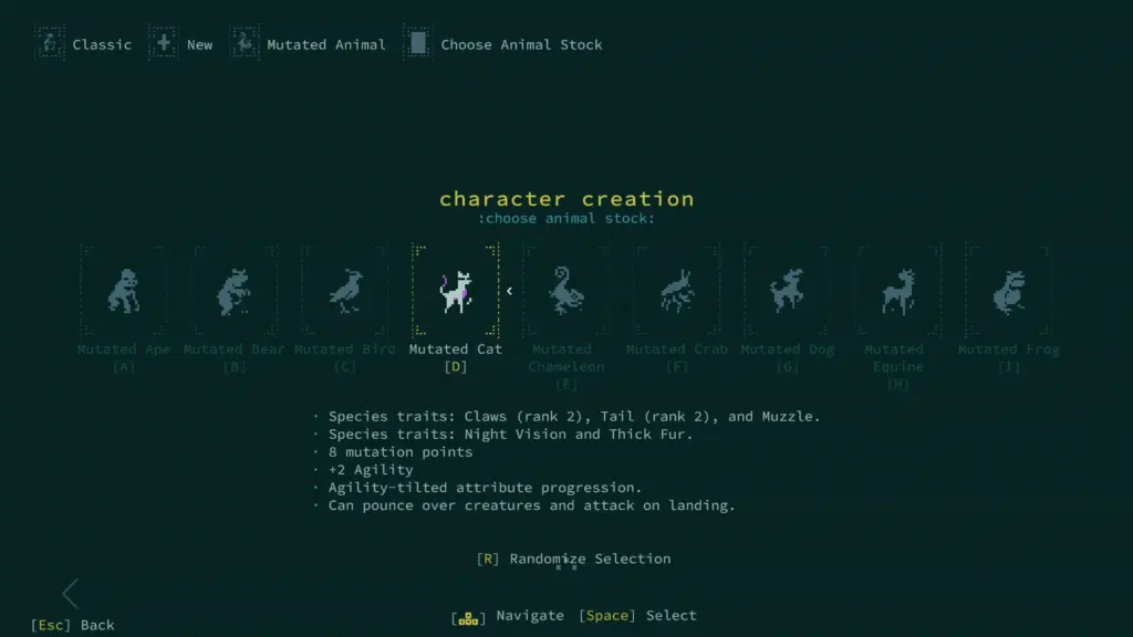 Выбор животного при создании персонажа Diaspora — Caves of Qud