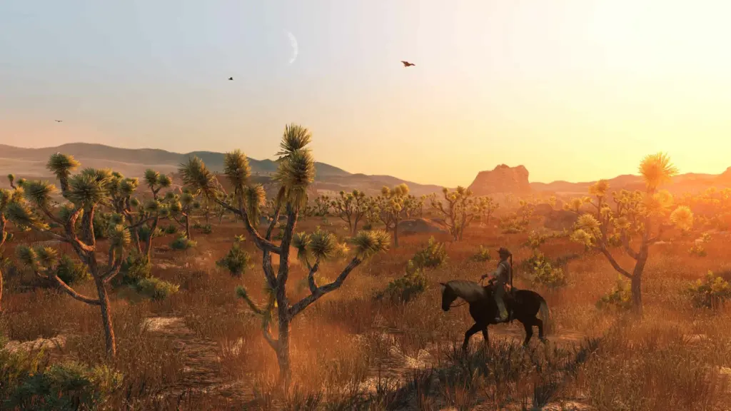 Джон Марстон едет через пустыню на закате в Red Dead Redemption