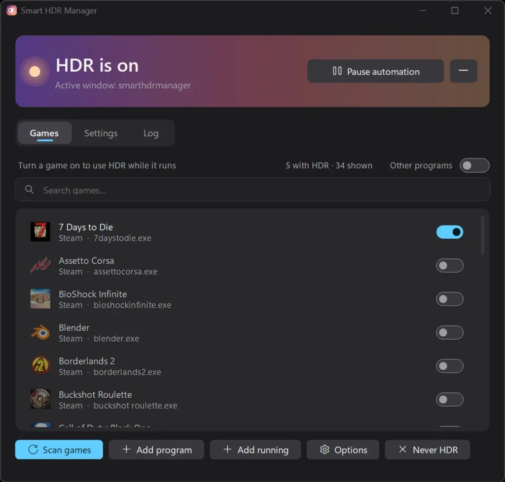 Главное окно Smart HDR Manager со списком игр и переключателями HDR