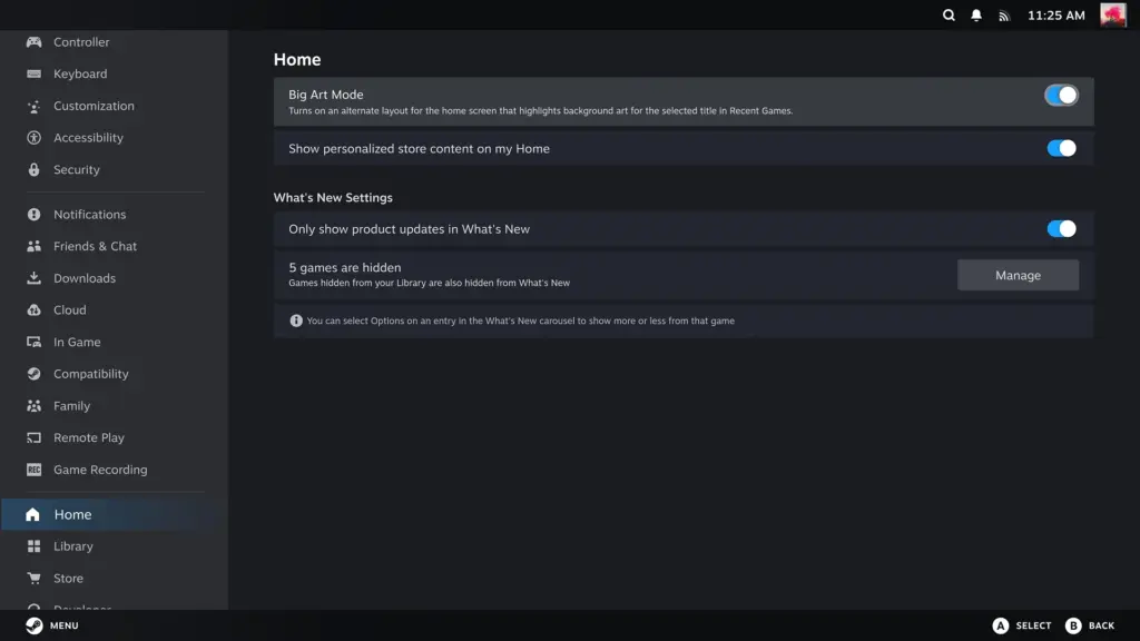Переключатель Big Art Mode в настройках главного экрана Steam