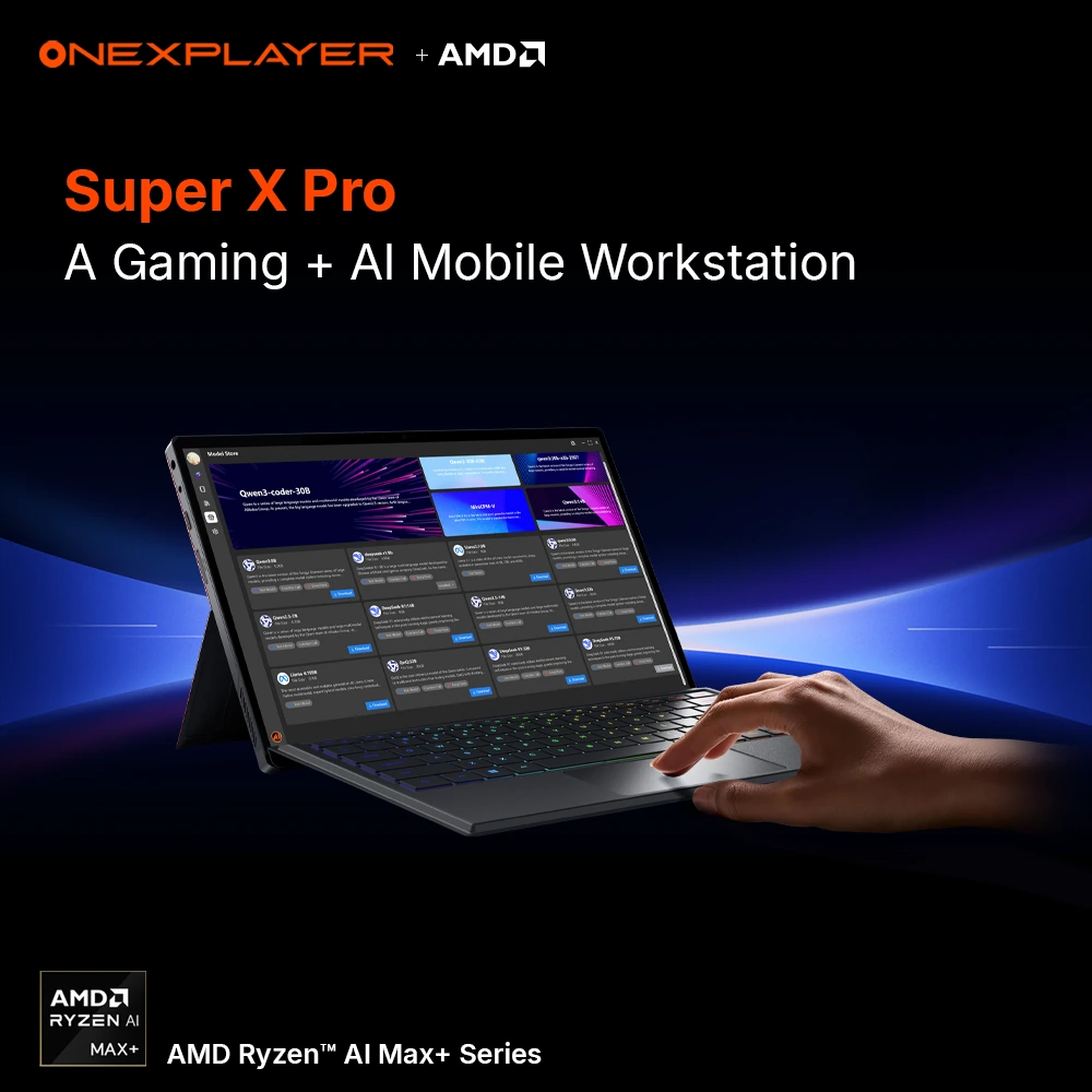 Официальное изображение OneXPlayer Super X Pro с клавиатурой и приложением для локальных ИИ-моделей