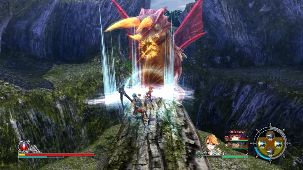 Официальный скриншот Ys VIII: бой с крупным противником на скалистой площадке