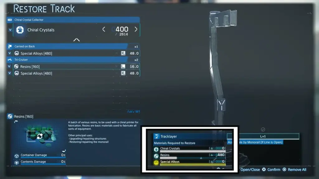 death stranding 2 tracklayer benötigte materialien im wiederherstellungsmenü