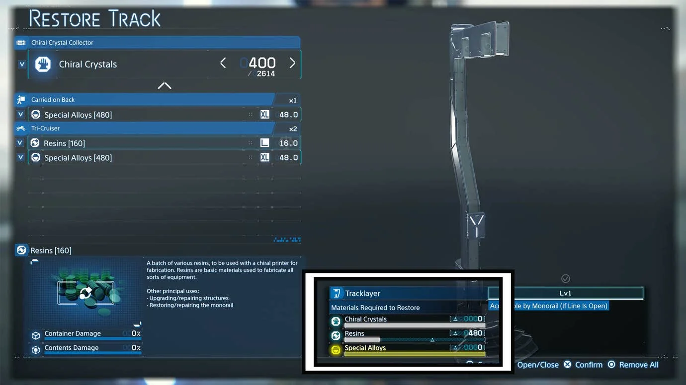 death stranding 2 tracklayer benötigte materialien im wiederherstellungsmenü