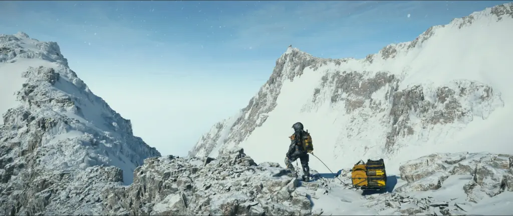 Sam zieht eine Last durch ein verschneites Gebirge