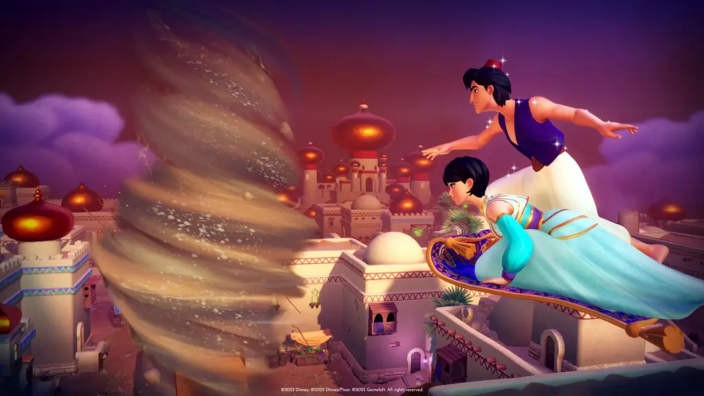 Aladdin und Jasmin fliegen auf einem Teppich an einem Palast vorbei