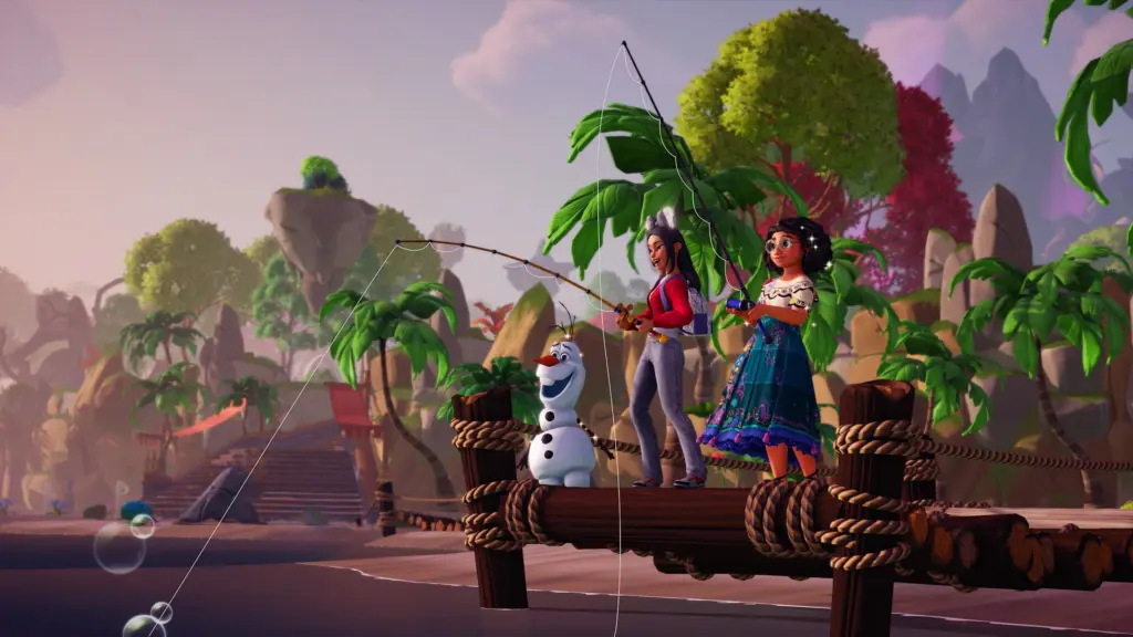 Mehrere Disney-Figuren stehen auf einem Floß im Dschungel