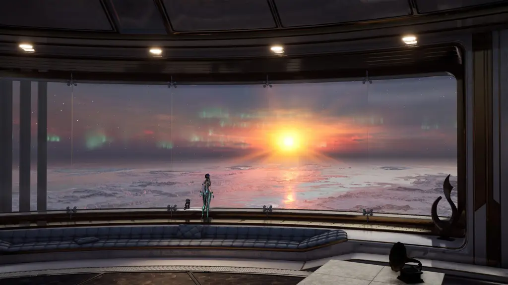 Eine Figur blickt durch ein Panoramafenster auf einen Sonnenuntergang