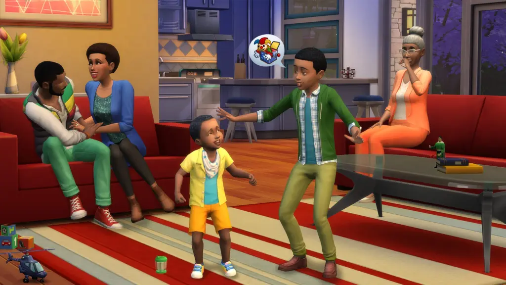 Eine Sim-Familie unterhält sich im Wohnzimmer neben der Küche