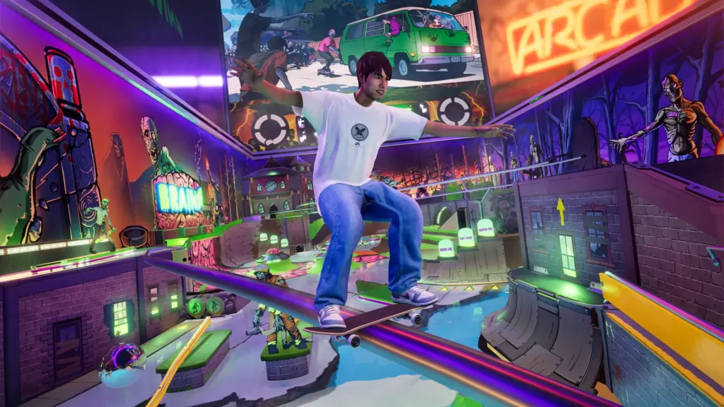 Ein Skater springt in einer neonbeleuchteten Spielhalle
