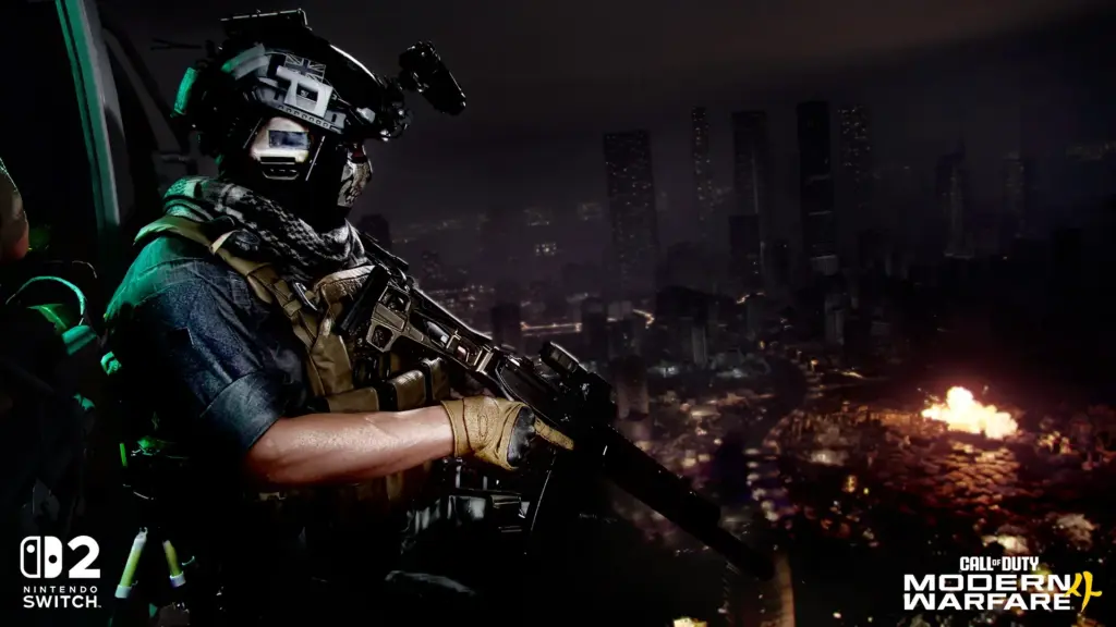 Ein Soldat vor einer nächtlichen Stadt in Modern Warfare 4