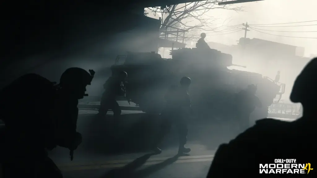 Soldaten neben einem Panzer auf einer Straße in Modern Warfare 4