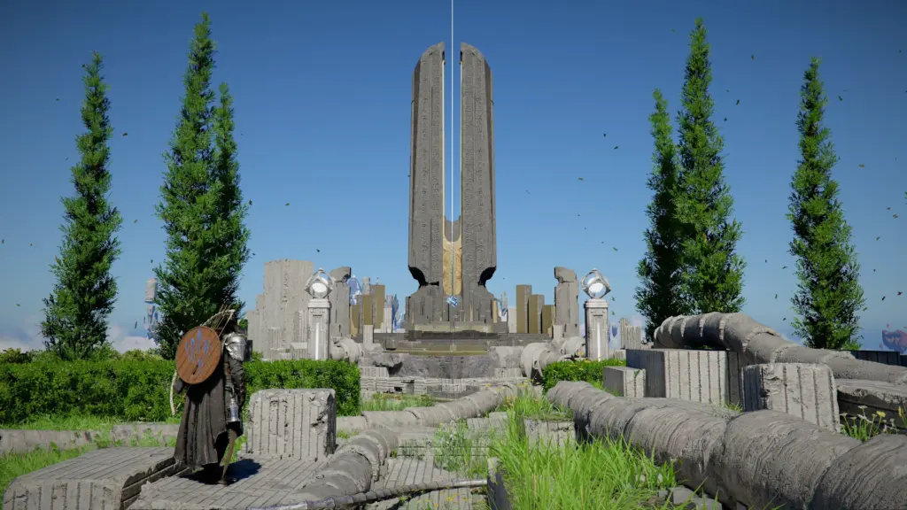 Kliff vor einem steinernen Monument zwischen hohen Bäumen in Crimson Desert
