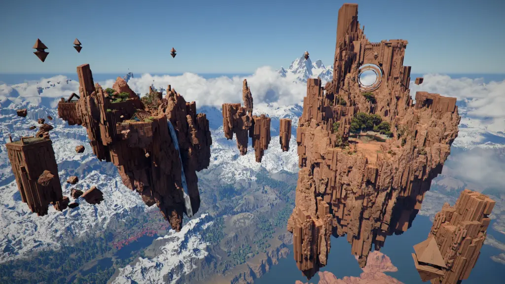 Ein schwebender Ruinenkomplex mit rötlichen Felsen in Crimson Desert
