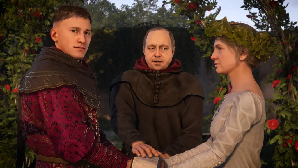 Gespräch zwischen mehreren Figuren auf einer Straße in Kingdom Come: Deliverance II
