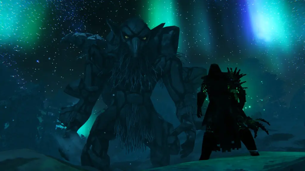 Valheim: steinerner Gegner unter Polarlichtern