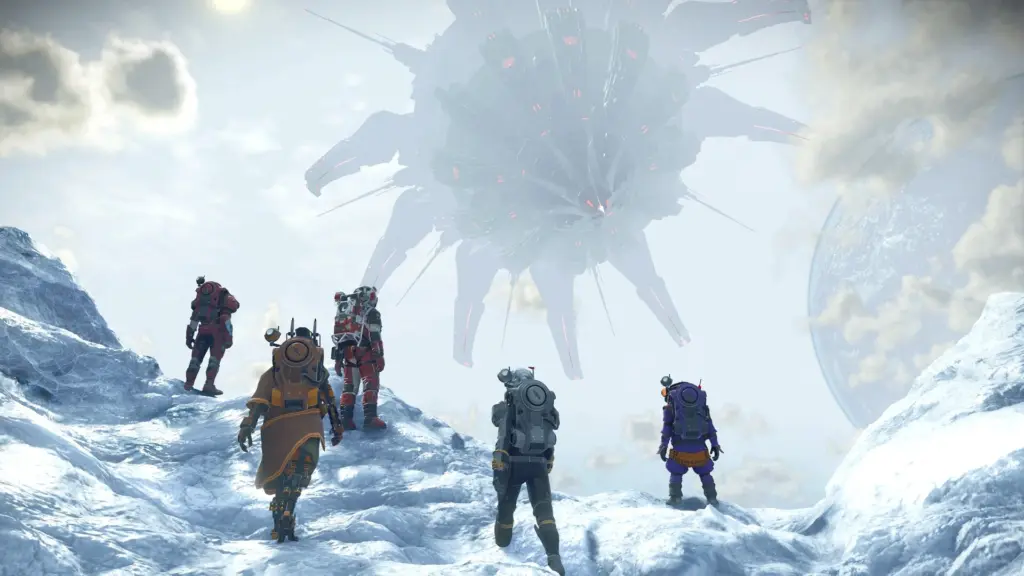 No Man’s Sky: Forscherteam auf einem verschneiten Planeten