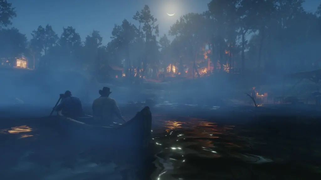 Red Dead Redemption 2: Ein Boot auf dem Wasser bei Nacht