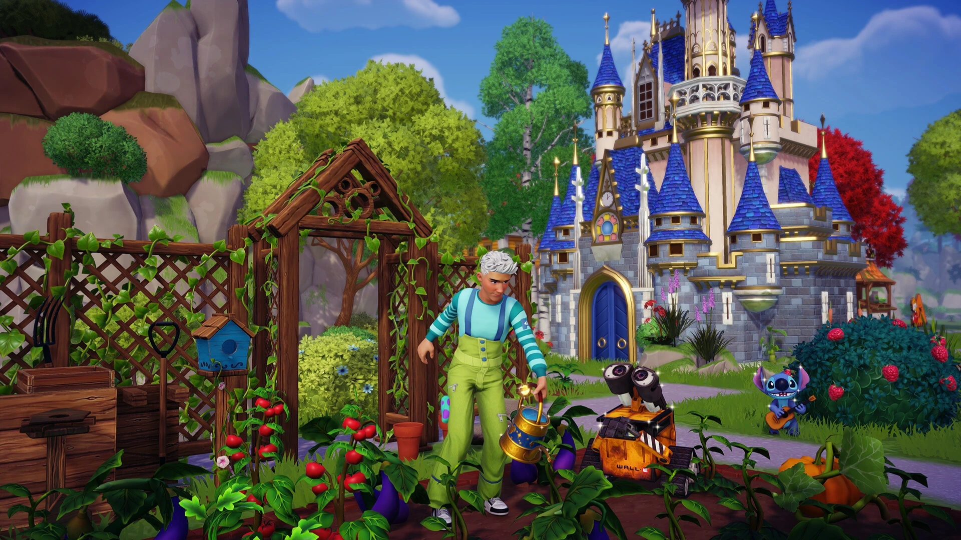 Eine Spielfigur steht mit einem Werkzeug vor dem Schloss