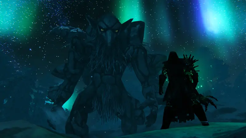 Valheim: steinerner Gegner unter Polarlichtern