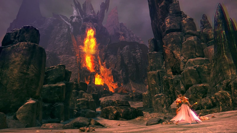 Guild Wars 2: Персонаж у лавового потока в вулканической долине