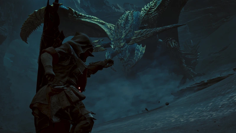 Monster Hunter Wilds: Охотник перед летящим монстром во время грозы
