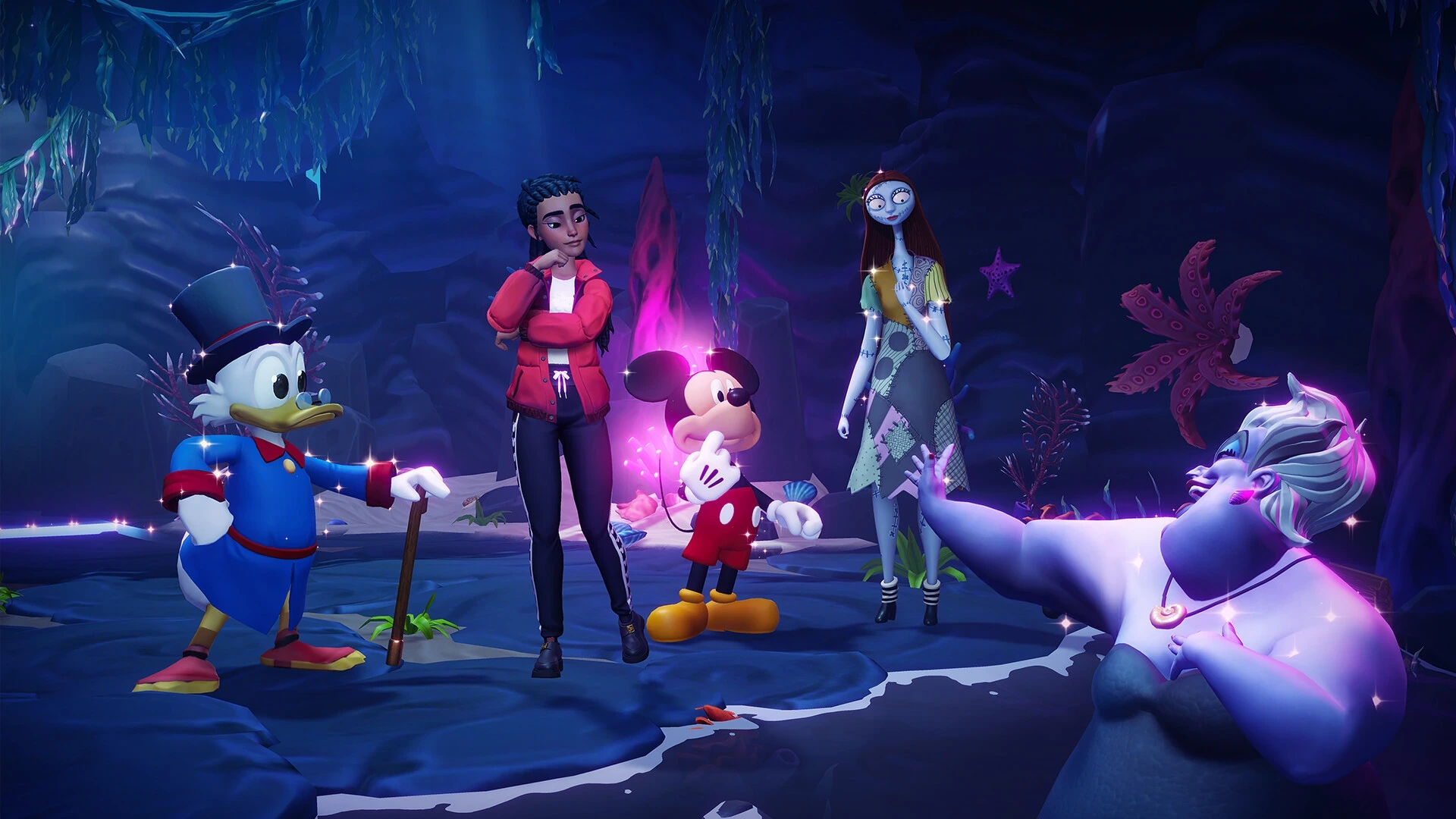 Donald, Micky und eine Spielfigur begegnen Ursula in einer Höhle