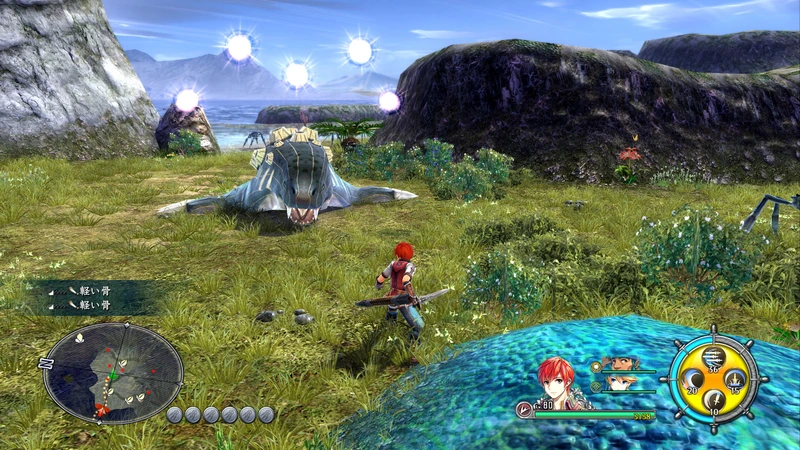Ys VIII: Lacrimosa of DANA: Адол сражается на травянистой площадке острова Сейрен в Ys VIII