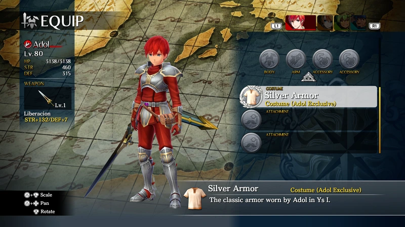 Ys VIII: Lacrimosa of DANA: Экран снаряжения Адола в Ys VIII