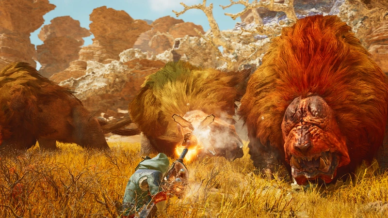 Monster Hunter Wilds: Охотник сражается с крупными мохнатыми монстрами