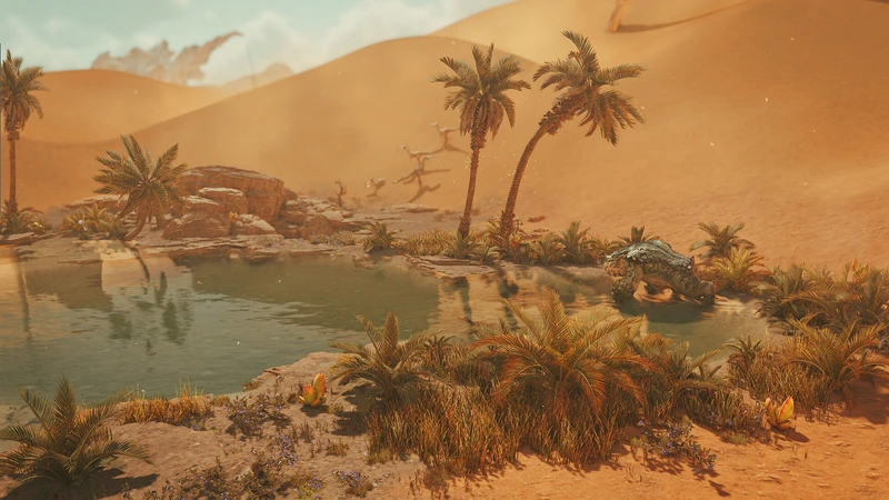 Monster Hunter Wilds: Водоём среди пальм и песчаных скал