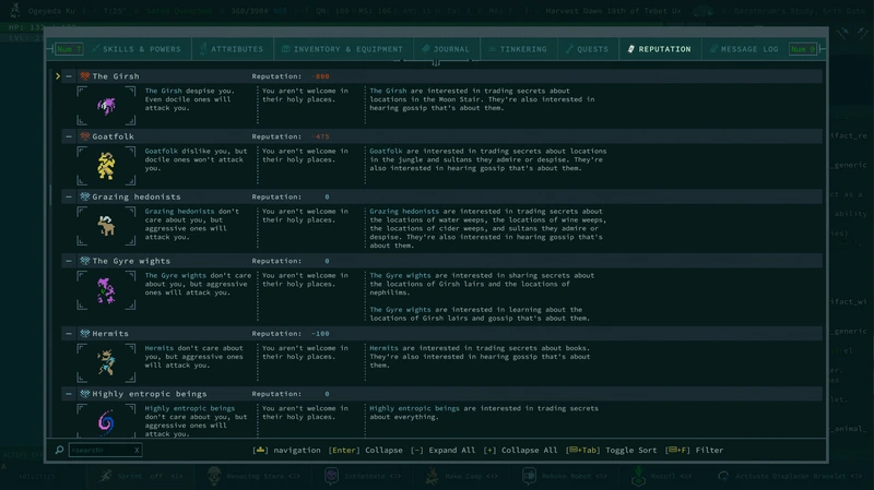 Caves of Qud: Экран репутации у фракций — Caves of Qud