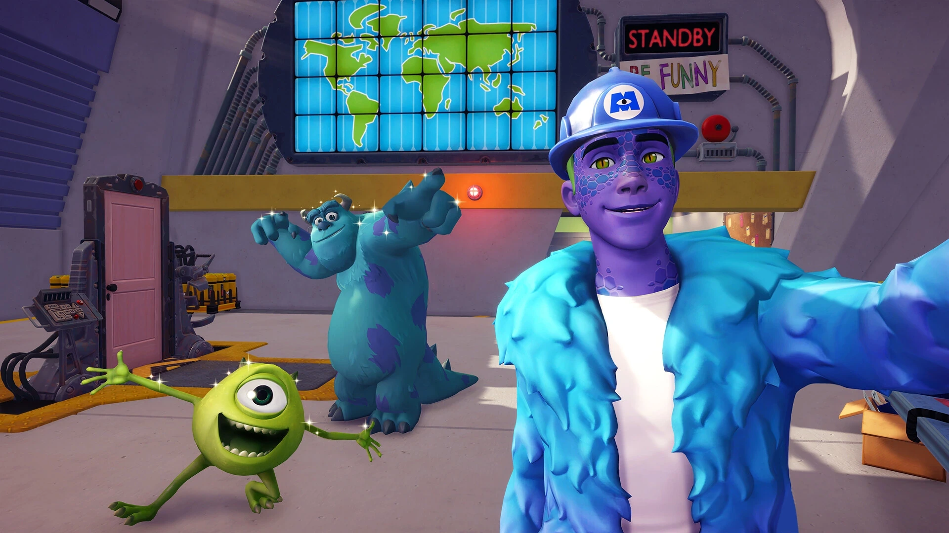 Eine Spielfigur besucht Mike und Sulley in einer Werkhalle