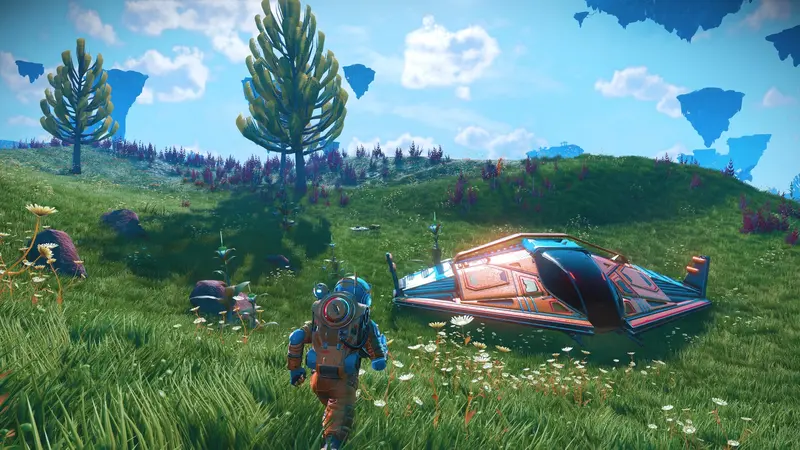No Man’s Sky: Entdecker neben einem Raumschiff auf einem grünen Planeten