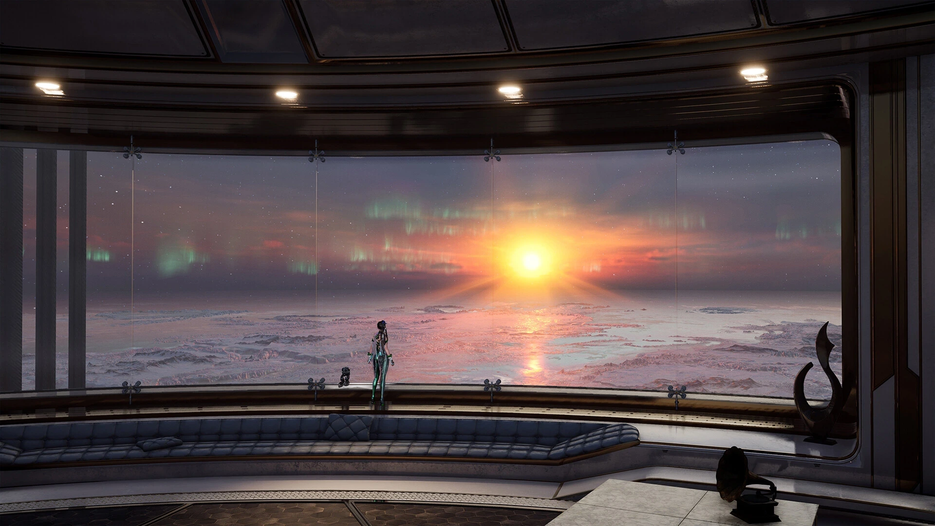 Eine Figur blickt durch ein Panoramafenster auf einen Sonnenuntergang