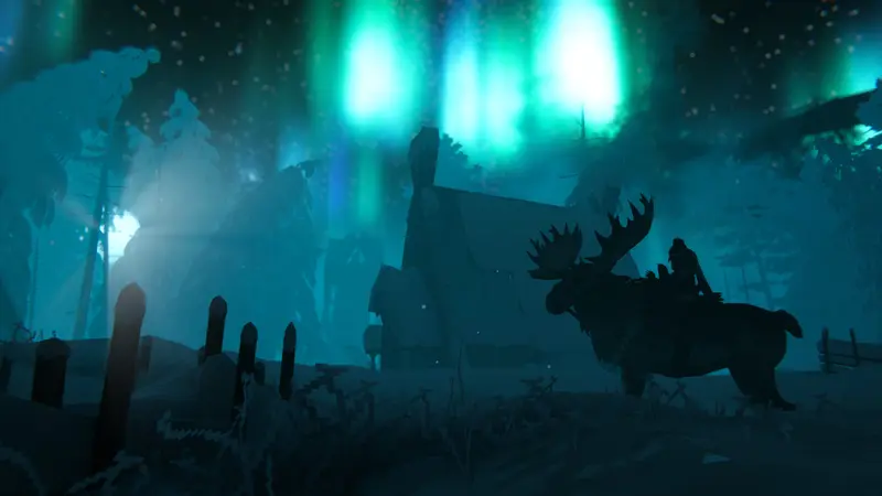Valheim: Krieger auf einem Reittier unter Polarlichtern