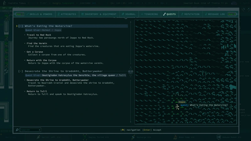 Caves of Qud: Журнал заданий на фоне местности — Caves of Qud