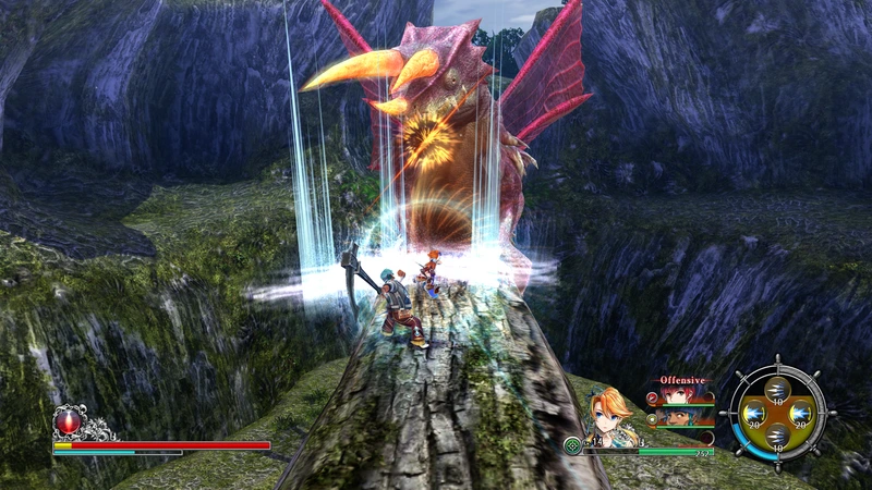 Официальный скриншот Ys VIII: бой с крупным противником на скалистой площадке