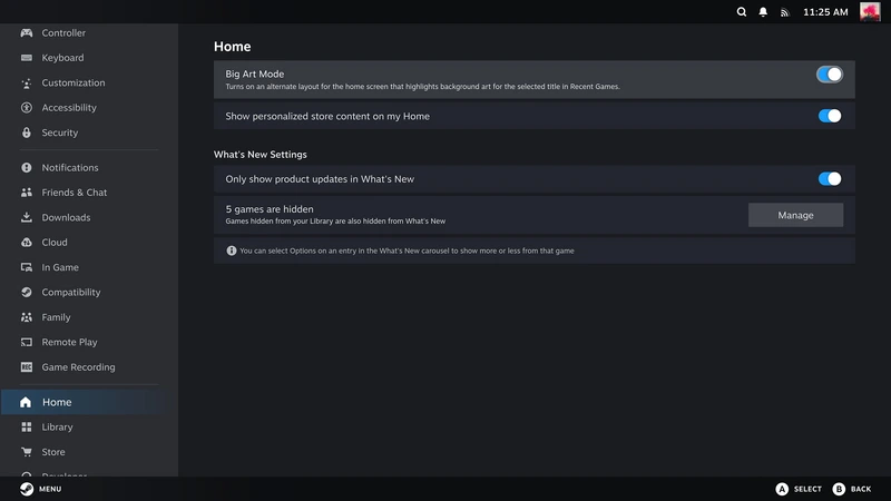 Переключатель Big Art Mode в настройках главного экрана Steam