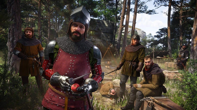 Bewaffnete Gruppe auf einem Waldweg in Kingdom Come: Deliverance II
