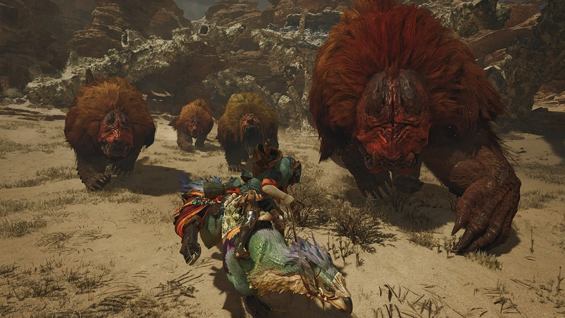 Monster Hunter Wilds: Всадник приближается к стаду крупных монстров