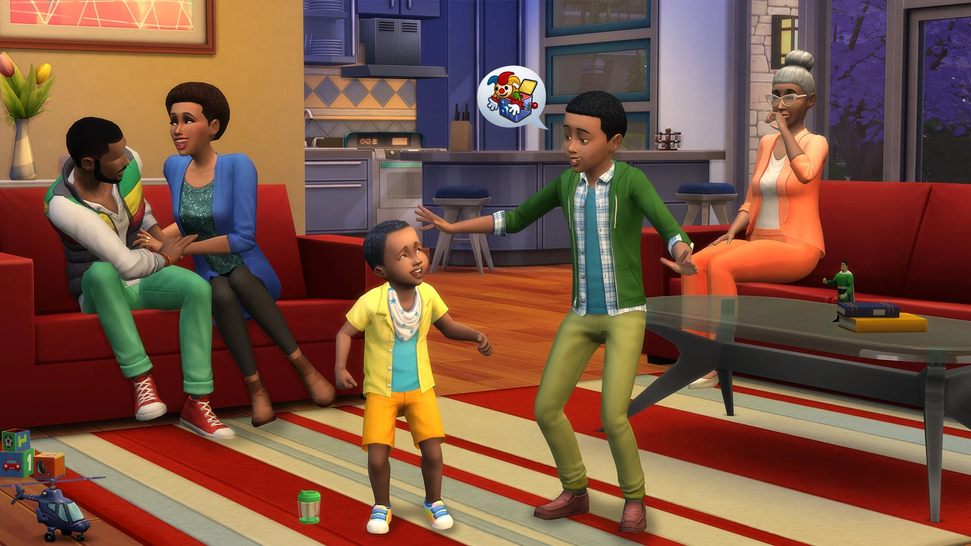 Eine Sim-Familie unterhält sich im Wohnzimmer neben der Küche