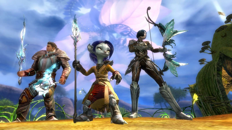 Guild Wars 2: Три персонажа с оружием на фоне большого дерева