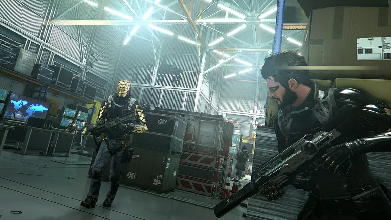Deus Ex: Mankind Divided: Вооружённый персонаж в лаборатории