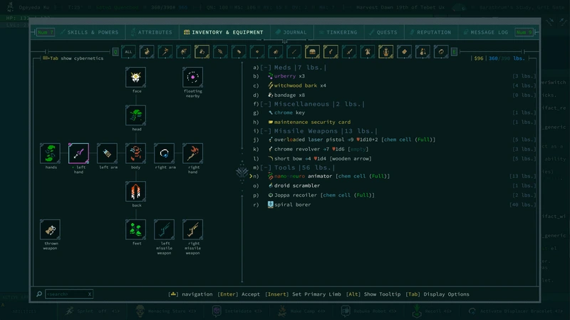 Caves of Qud: Экран снаряжения персонажа — Caves of Qud