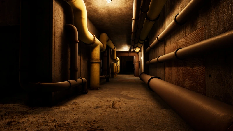 Escape the Backrooms: Узкий технический тоннель с трубами в Escape the Backrooms