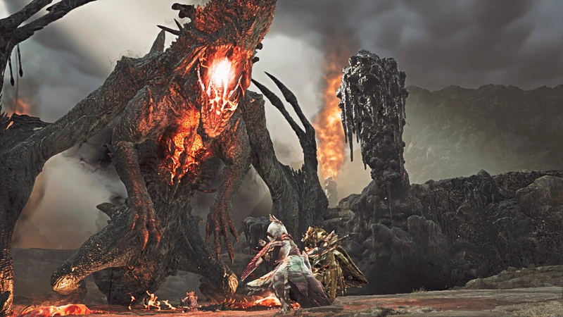 Monster Hunter Wilds: Охотник сражается с летающим монстром над скалами